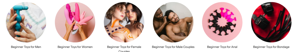 Circular images showing beginner toy categories at MyJoyToys, including toys for men, women, female couples, male couples, anal play, and bondage, displayed on pastel and red backgrounds.