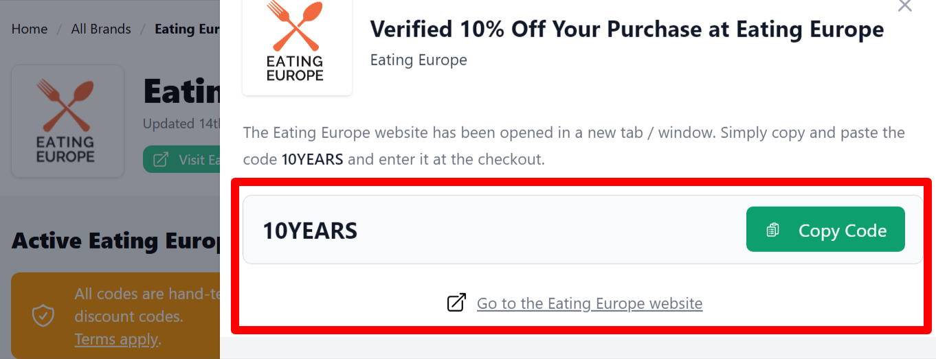 a link that customers can click after copying their Eating Europe voucher code