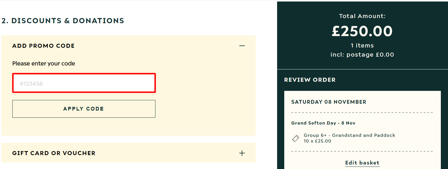 The checkout page showing where to apply your Aintree voucher code