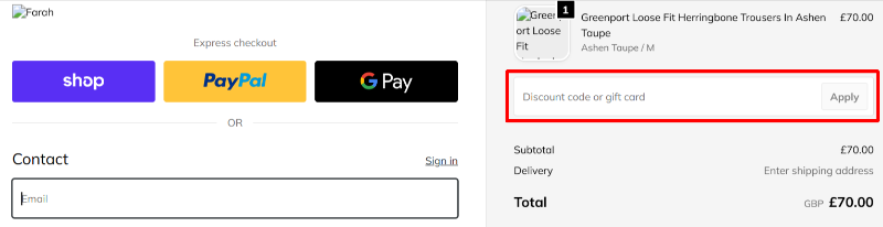 The checkout page showing a highlighted red box where to paste your Farah discount code