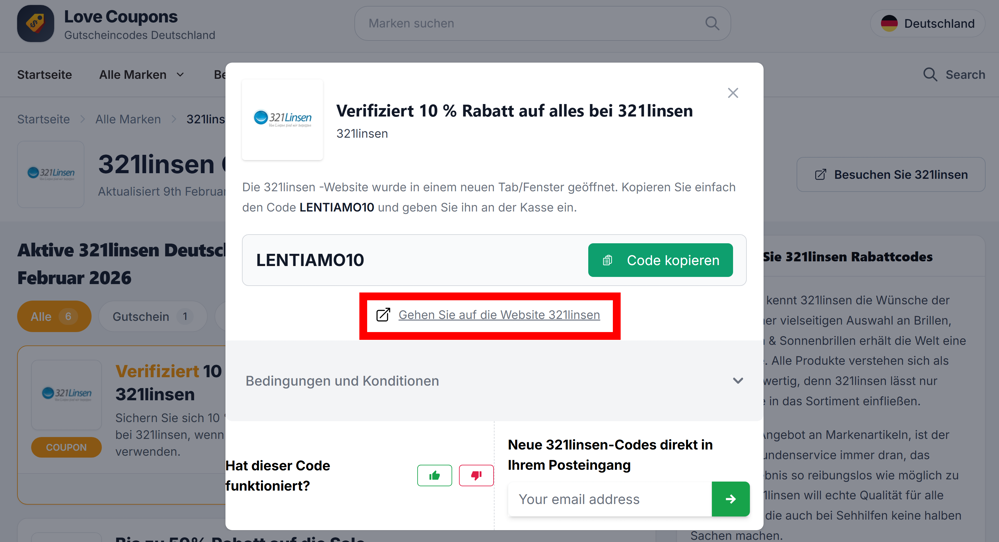 Ein offener Rabattcode für 321linsen mit einem rotmarkierten Link