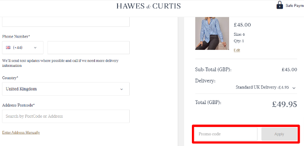 Hawes and Curtis discount offer highlighten by a red marker