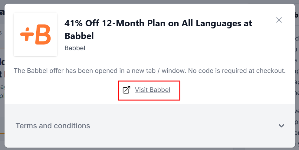 A Babbel offer with "Visit Babbel" in a red box