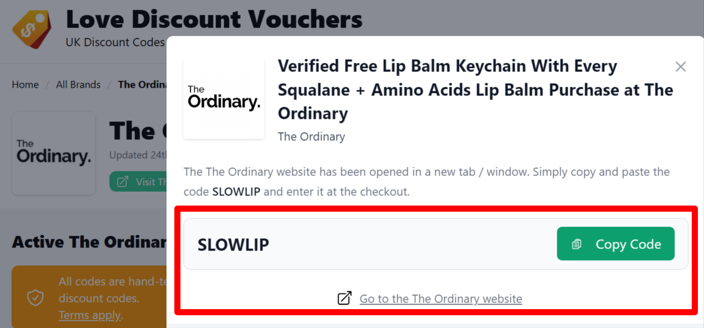 a highlighted link which customers can click after copying their The Ordinary coupon code