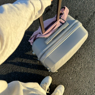 Person holding a wheeled suitcase from the Go Places luggage category ready for a journey.