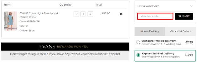 A box where you can add your Evans voucher code to redeem it