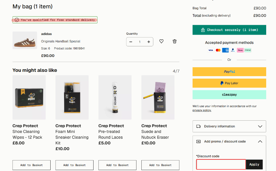 JD Sports checkout page where to add the discount code