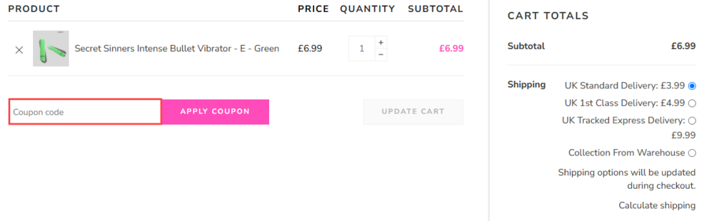 The Secret Sinners checkout page with where to paste the Secret Sinners voucher code in a red box.