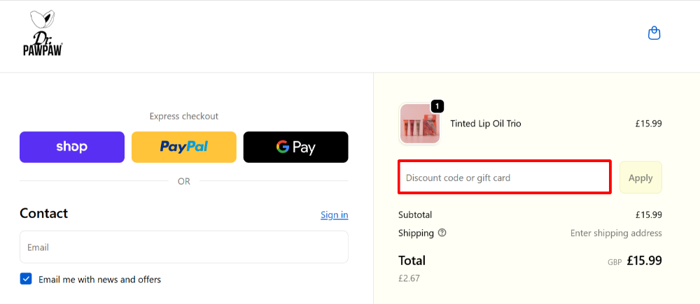 The Dr.PAWPAW checkout page with where to paste the Dr.PAWPAW voucher code in a red box