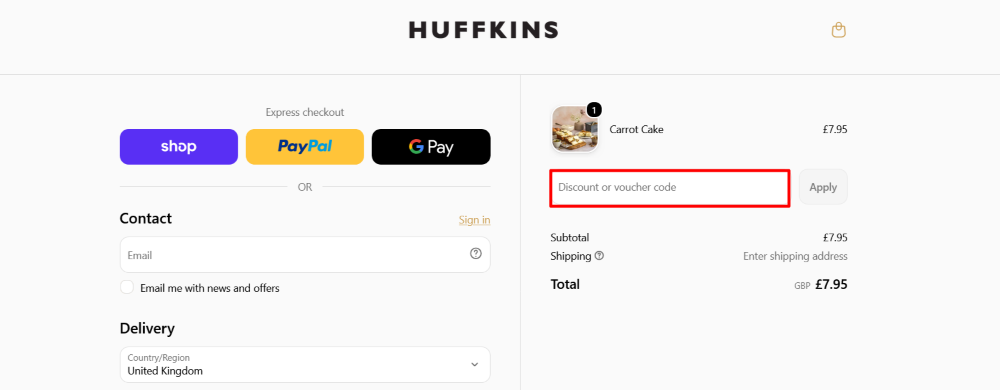 The checkout page shows where to apply your Huffkins discount code