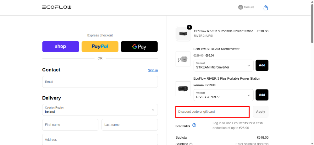 EcoFlow discount code place highighted by a red box