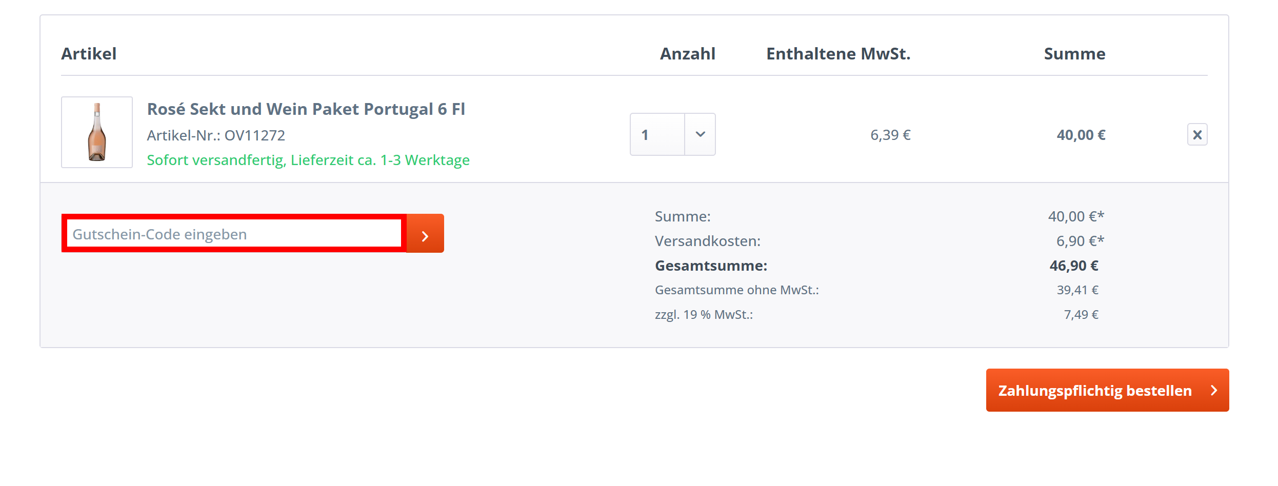 Bestellverlauf von Ovinho mit einem rotmarkierten Eingabafeld