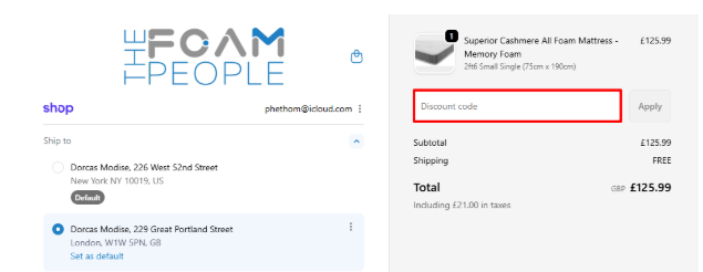 A red box to enter The Foam People voucher code