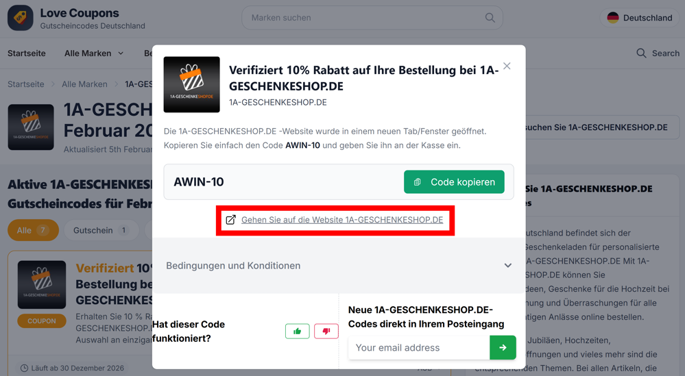 Ein offener Gutscheincode für 1A-GESCHENKESHOP.DE mit rotmarkiertem Link 