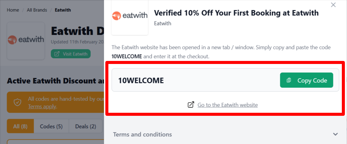 a highlighted link that customers can click after copying their Eatwith discount code