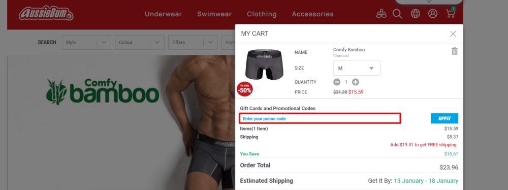 aussieBum checkout page where a promo code is entered