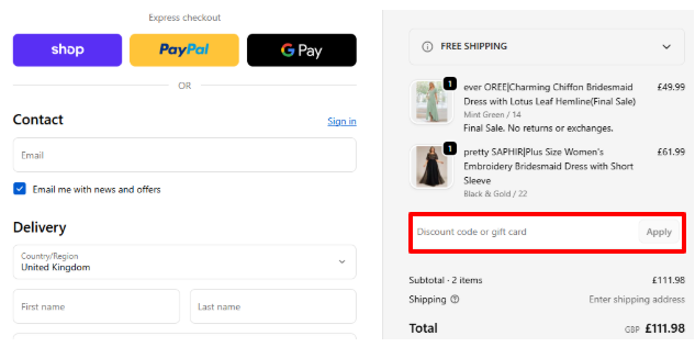 A box where you can add your Ever Pretty voucher code to redeem it