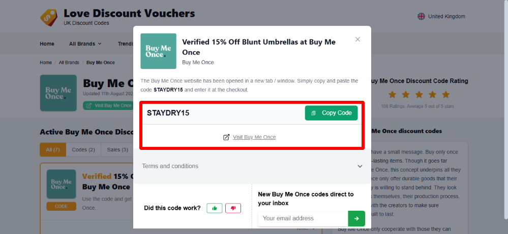 Love Discount Vouchers Buy Me Once voucher code highlighted by a red box