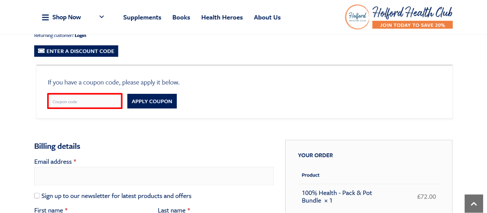 Holford Direct's checkout page where you can enter your Holford Direct discount code highlighted by a red box