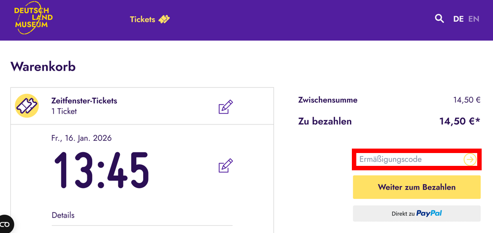 Warenkorb von Deutsch Museum mit rotmarkiertem Eingabefeld für Rabattcodes