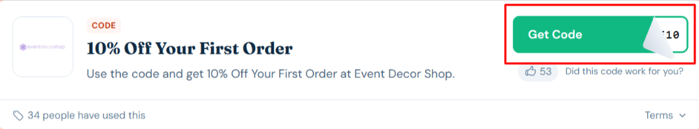 An Event Decor Shop voucher code with "Get Code" in a red box