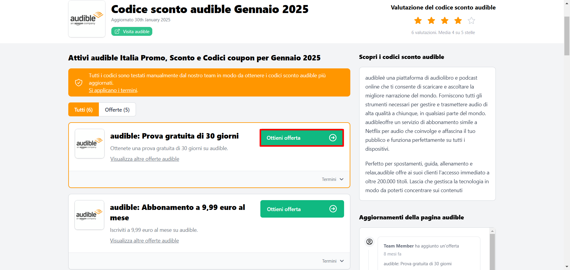 varie offerte disponibili e codici sconto audible da poter inserire nel sito ufficiale audible
