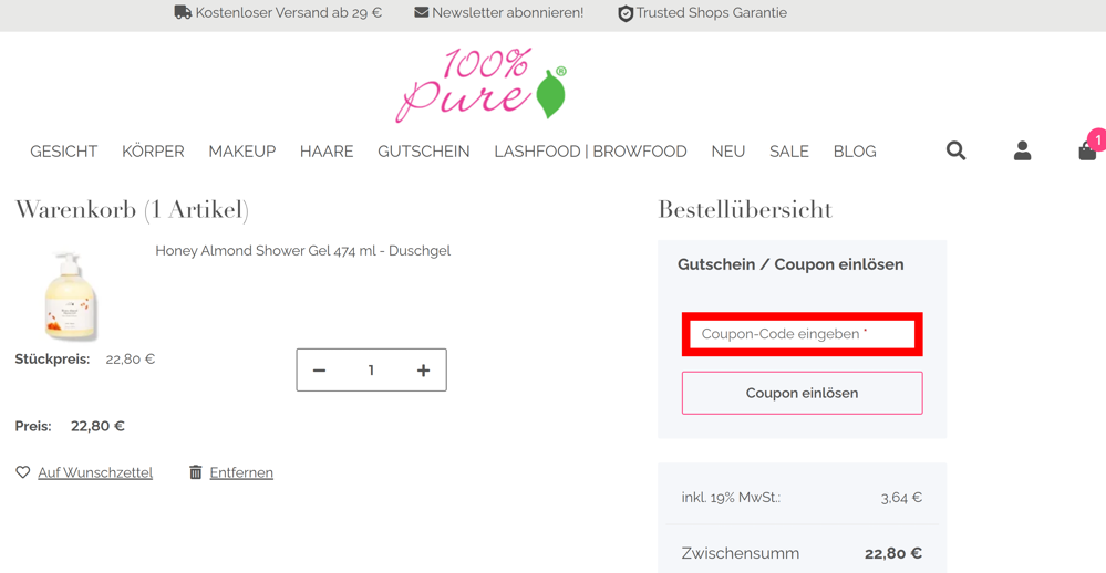 Warenkorb von 100% Pure mit einem rotmarkierten Eingabefeld für Rabattcodes