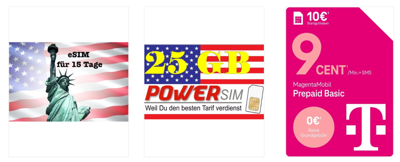 Drei Werbebilder, die sich jeweils auf eine andere Art von SIM-Karte beziehen