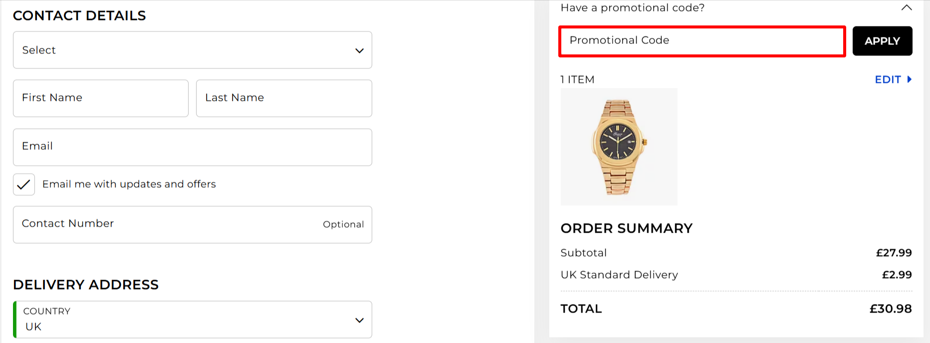 The checkout page showing where to apply your discount code