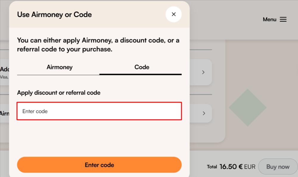 The airalo checkout page with where to paste the airalo voucher code in a red code.
