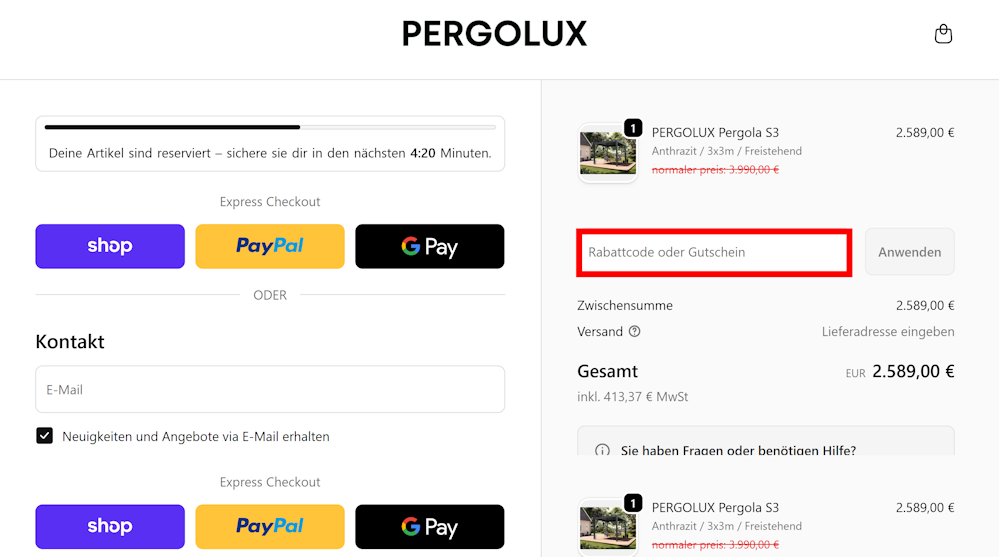 Check-out von Pergolux mit einem rotmarkierten Eingabfeld für den Rabattcode