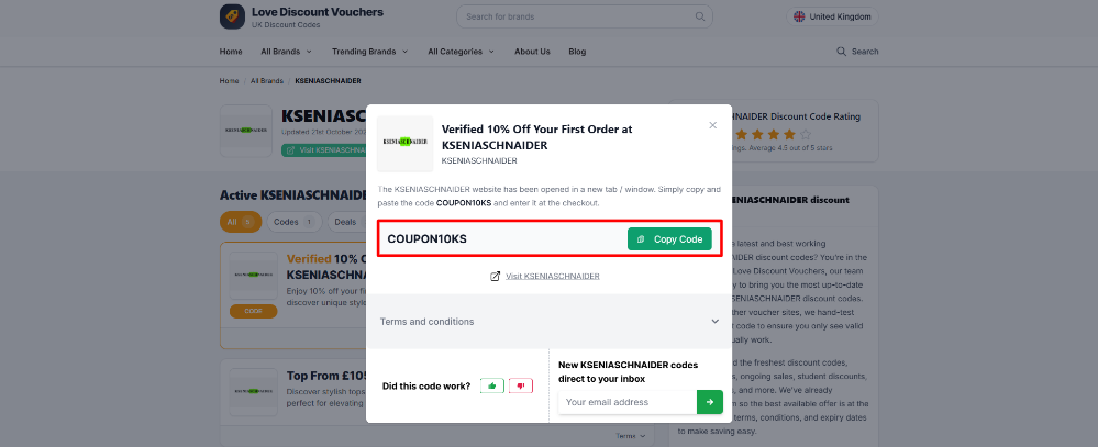 A KSENIASCHNAIDER code on Love Discount Vouchers
