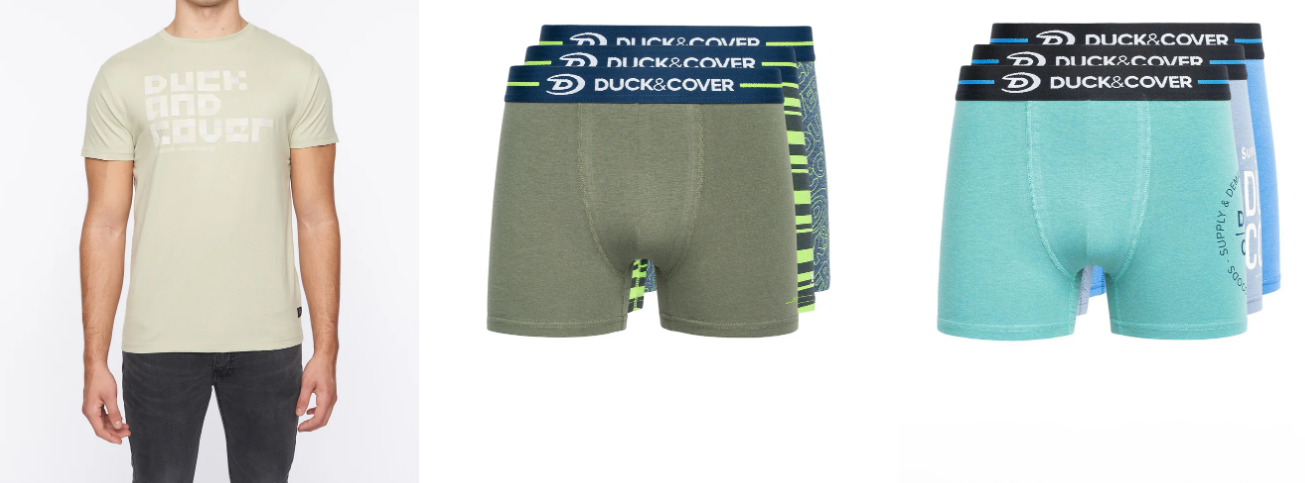 Duck and Cover clearance worn by male models for customers