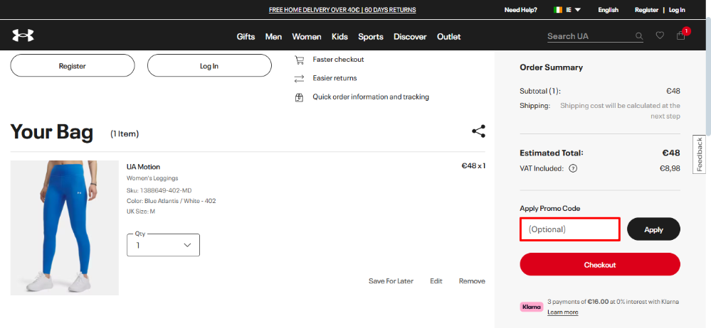 Under Armour discount code place highlighted by a red box