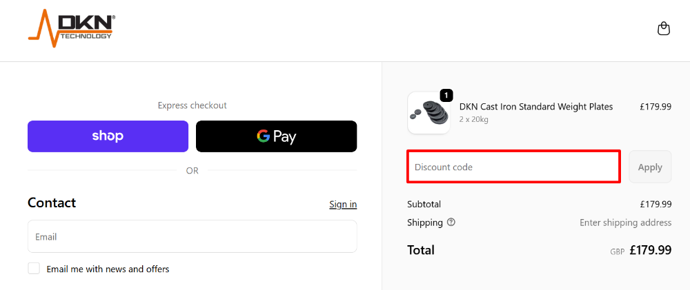 The DKN checkout page with where to paste the DKN voucher code in a red box