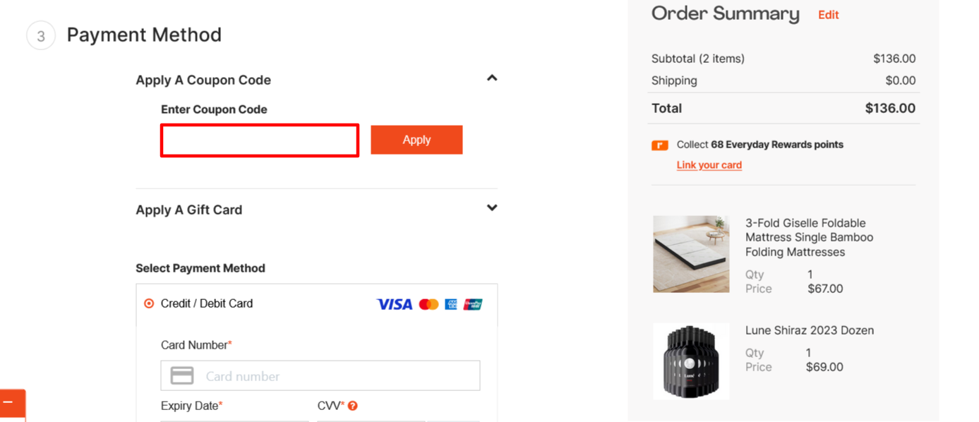 MyDeal checkout page where to enter your code