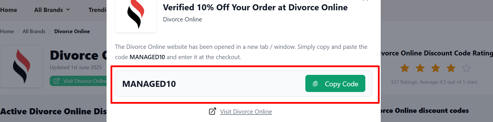 A Divorce Online discount code on an onscreen page on our site