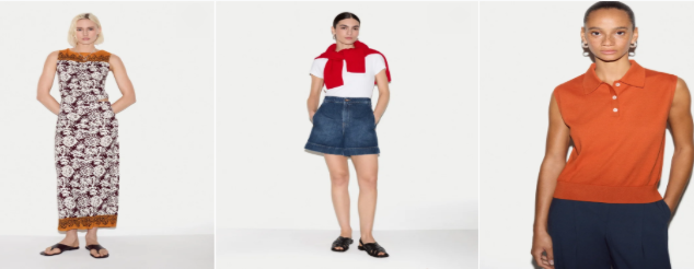 Jigsaw collection featuring a patterned dress, denim skirt and orange polo top