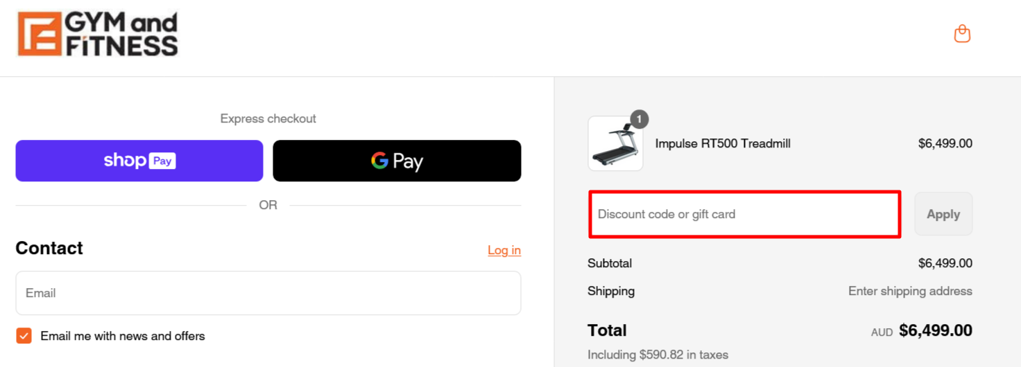 You input your code on the Gym and Fitness checkout page in the red box.
