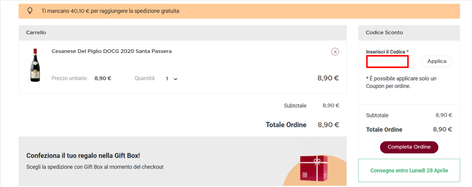 carrello della piattaforma Bernabei dove inserire il codice sconto Bernabei nell'apposito spazio e abbassare il prezzo
