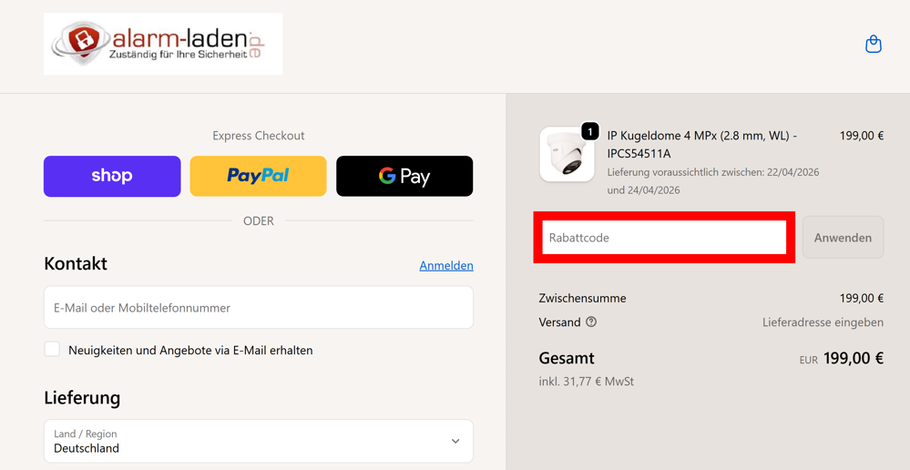 Check-out von Alarm-laden.de mit rotmarkiertem Eingabefeld für Gutscheincodes