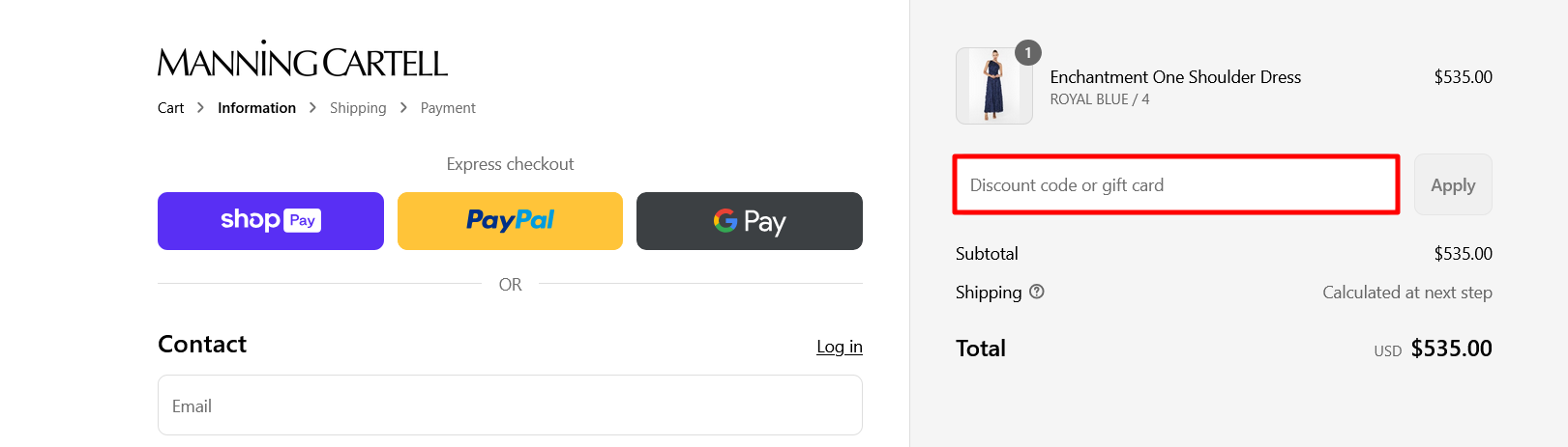 You input your code on the MANNING CARTELL checkout page.
