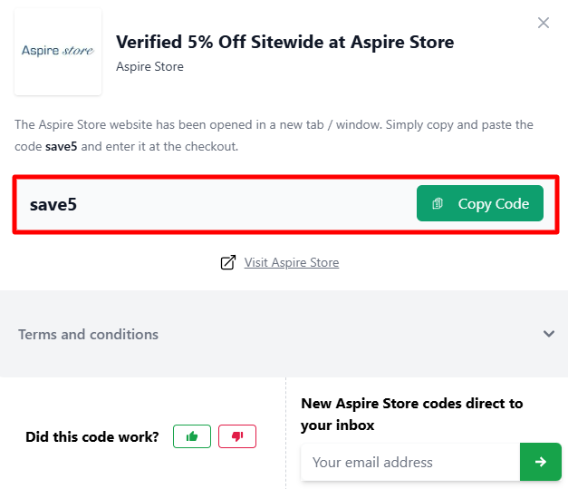An Aspire Store code on Love Discount Vouchers