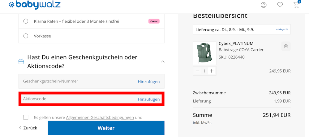 Bestellprozess von Babywalz mit rotmarkiertem Eingabefeld für Rabattcodes