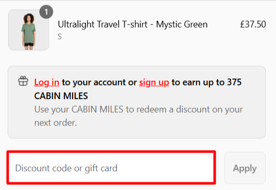 The CabinZero checkout page showing delivery options and the discount code box.