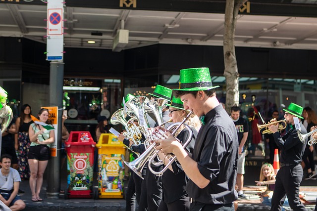 St. Patrick's Day 2026: A band playing instruments at a parade