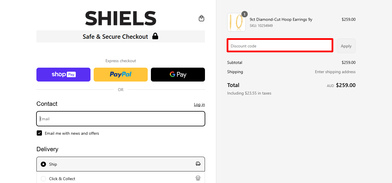 Shiels checkout page where you can find the place to paste your Shiels promo code