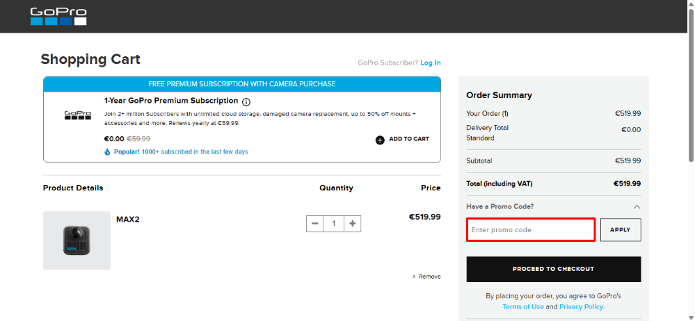 GoPro shopping cart page with the GoPro discount code place