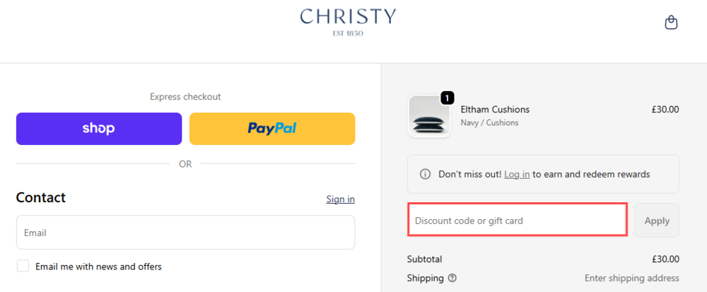 The Christy checkout page with where to paste the Christy voucher code in a red box