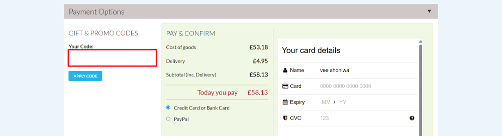 Applying an Ethical Superstore promo code at checkout to save on your order